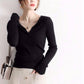 Pofulove Autumn Winter Students Inside Coat V-neck Striped Sweater Warm Bottoming Shirt Black
