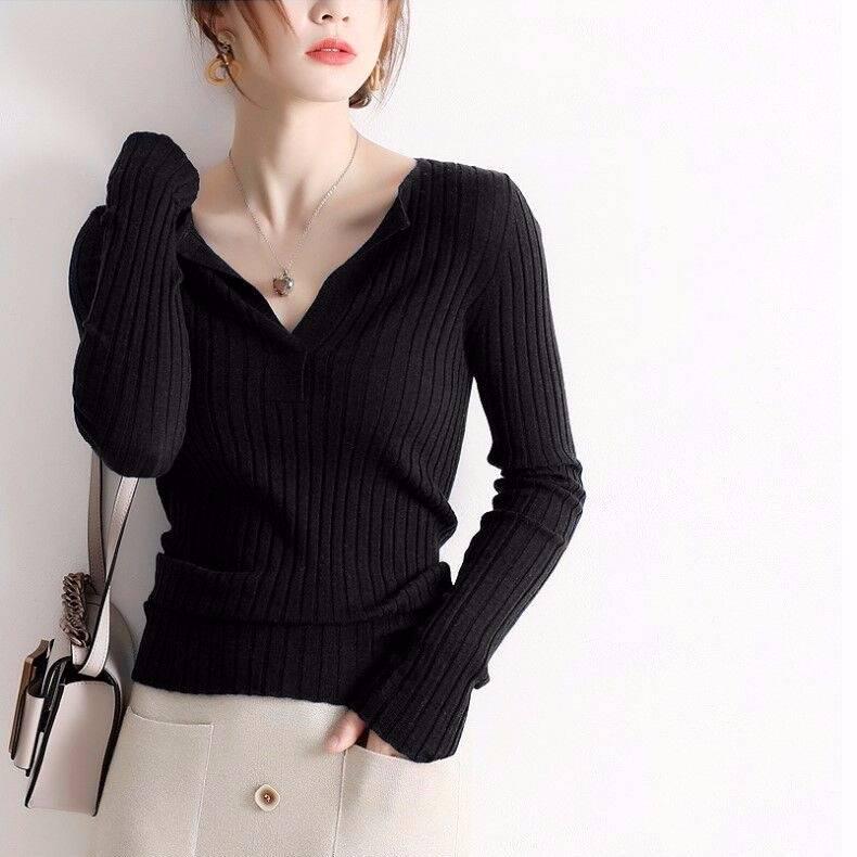 Pofulove Autumn Winter Students Inside Coat V-neck Striped Sweater Warm Bottoming Shirt Black