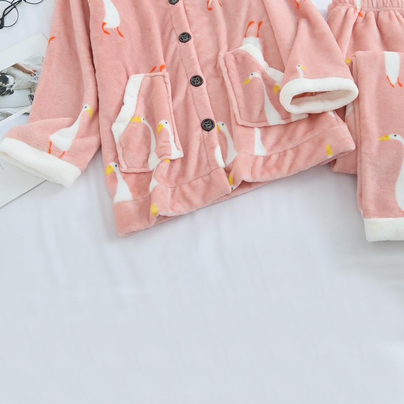 Autumn Winter Flannel Pajamas Suits Thick Warm Velvet Sleepwear Set Coral Fleece Cartoon Cute Home Wear Loose Casual Front Button V Neck Long Sleeve