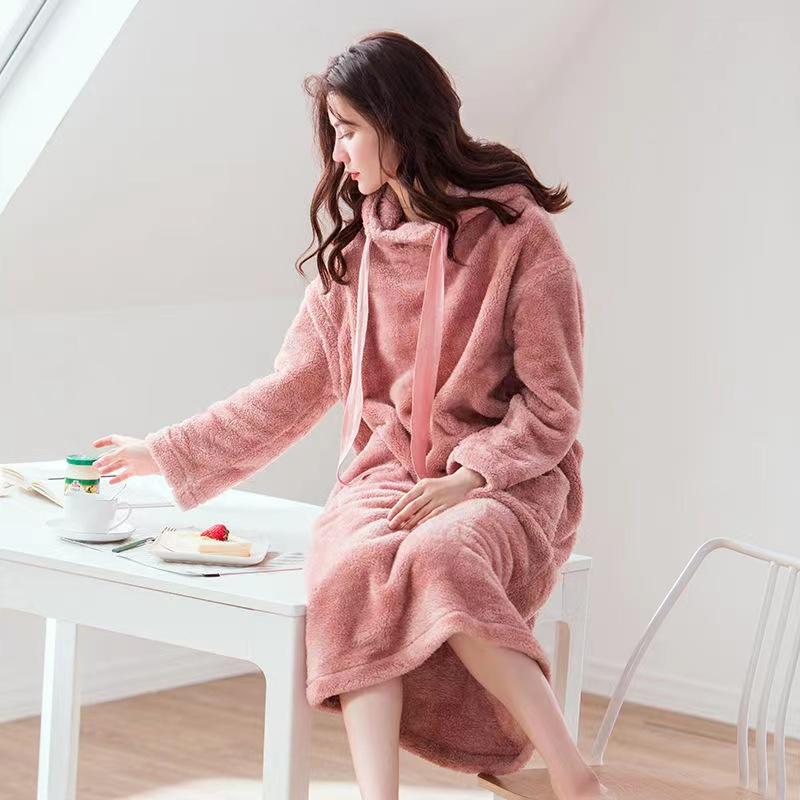 Spring Autumn Coral Fleece Pajamas Ladies Hooded Winter Cute Drawstring Loose Nightgown Bathrobe Women's Hoodies Home Outdoor Wear