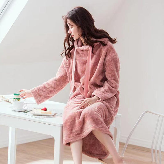 Spring Autumn Coral Fleece Pajamas Ladies Hooded Winter Cute Drawstring Loose Nightgown Bathrobe Women's Hoodies Home Outdoor Wear