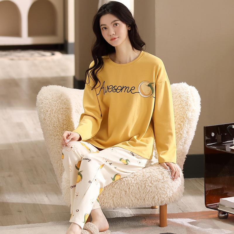 Women's Pajamas Suit Cotton Long Sleeve Home Wear Casual Loose Sleepwear Autumn Winter Female Pyjamas Tops and Pants Sets Cute Pullover