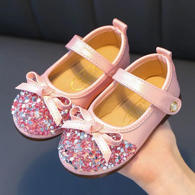 Girls' Leather Shoes Spring and Autumn Non-slip Soft Sole Children's Single Shoes Baby Peas Shoes Crystal Girl Princess Shoes