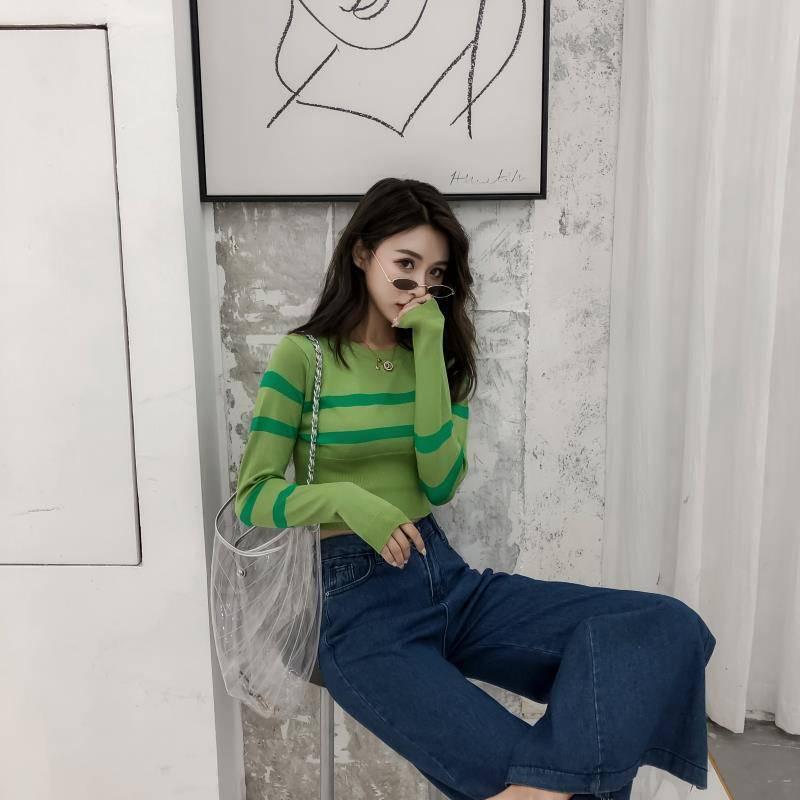 Pofulove Sexy Slim Waist Round Neck Pullover Short Striped Sweater Women Open Navel  Knitwear