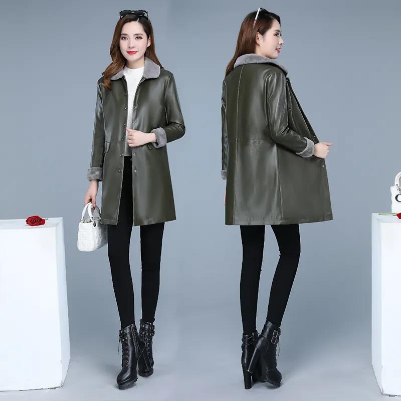 Winter Women's Leather Jacket Fashion Loose Mid-length Leather Jacket Plus Cotton Thick PU Leather Large Size Leather Jacket