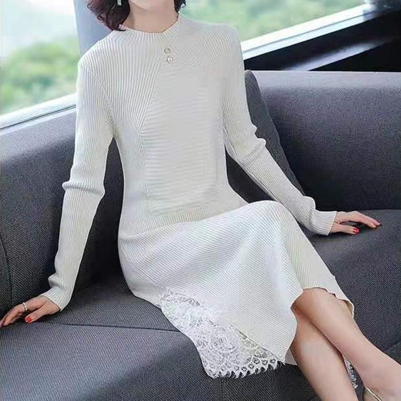 Sweater Dress Female Long-sleeved Autumn Winter Thickened Over Knee Knitted Skirt Black Long Skirt