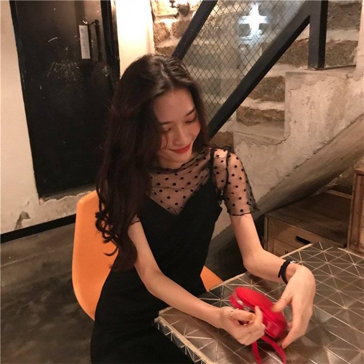 Sexy Mini Dress Black Polka Dot Long Sleeve Transparent Mesh Slash Neck Bodycon 2020 Party Dress