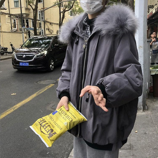 Hooded Big Fur Collar Korean Version of The Trendy Winter Coat for Male Students Loose and Versatile Mid-length Padded Jacket Thick Coat