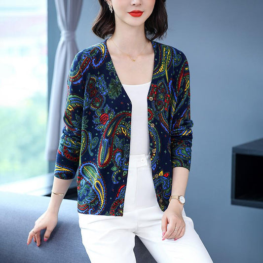 Autumn Winter Ladies V-Neck Cardigan Printing Sweater Coat