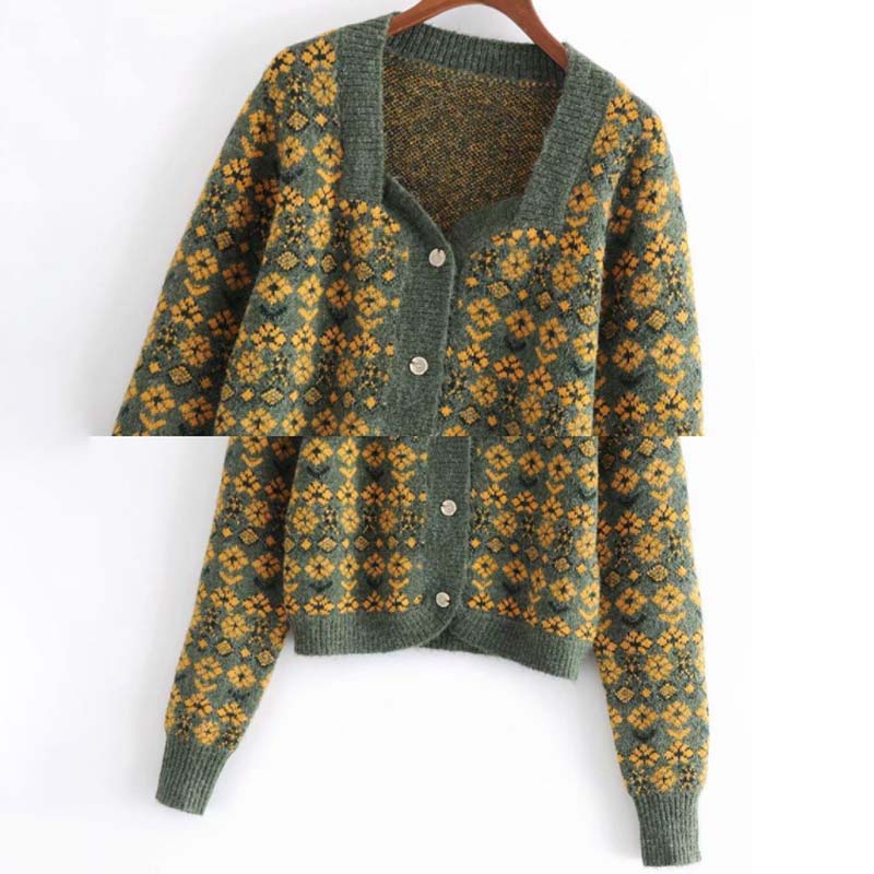 2021 New Autumn and Winter Women's French Temperament Square Neck Floral Retro Jacquard Knitted Cardigan Short Sweater Coat