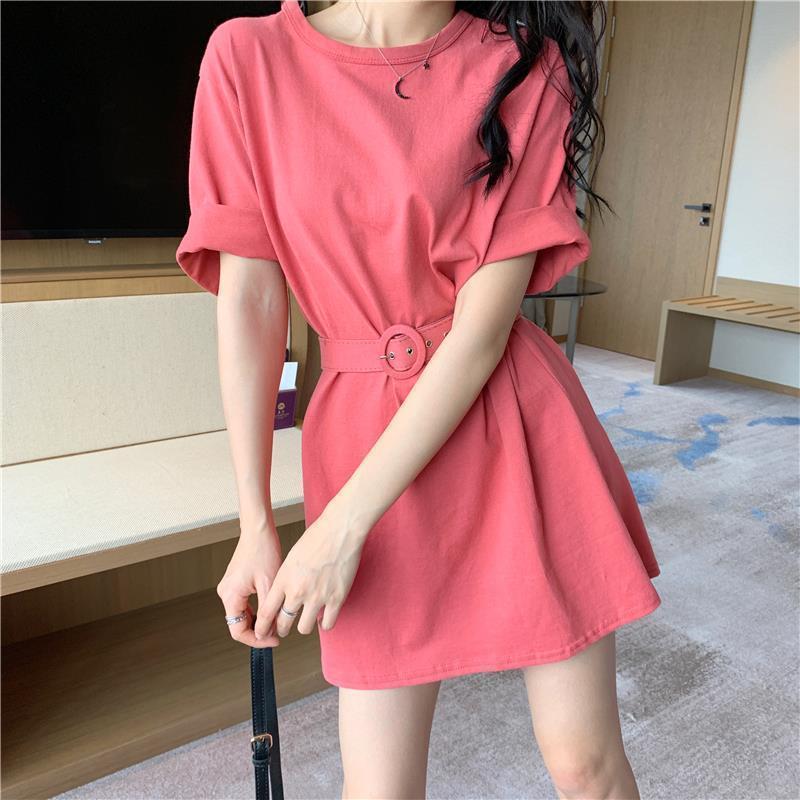 Send A Belt T-shirt Female Mid-length Short-sleeved Loose All-match T-shirt Dress Solid Color Students