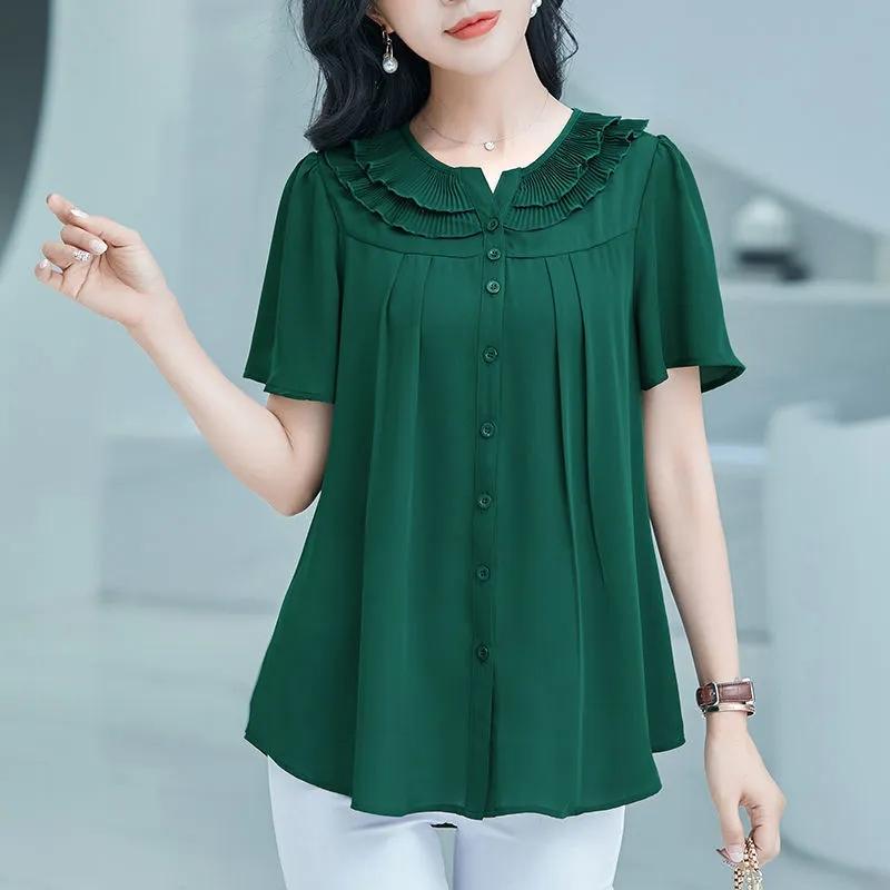 Large Size Short-sleeved Top Women's Round Neck Fungus Edge Collar Loose Thin Shirt Solid Color Chiffon Shirts Button Up Casual All Match Blouses Top
