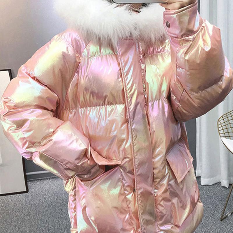 Women's Bright Face Hooded Down Jacket Mid-length Korean Loose Thick Coat Warm Cotton Coat Large Wool Collar Winter Quilted Coat