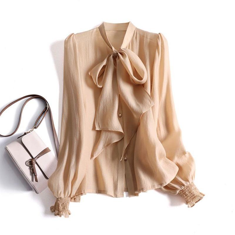 Knotted Ribbon Shirt Elegant Ladies Thin Small Shirt Top Bow