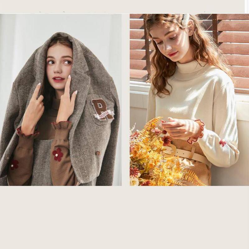 PofuLove Autumn and Winter Tops Pullover Turtleneck Sweater Outerwear Flower Embroidered Sweater