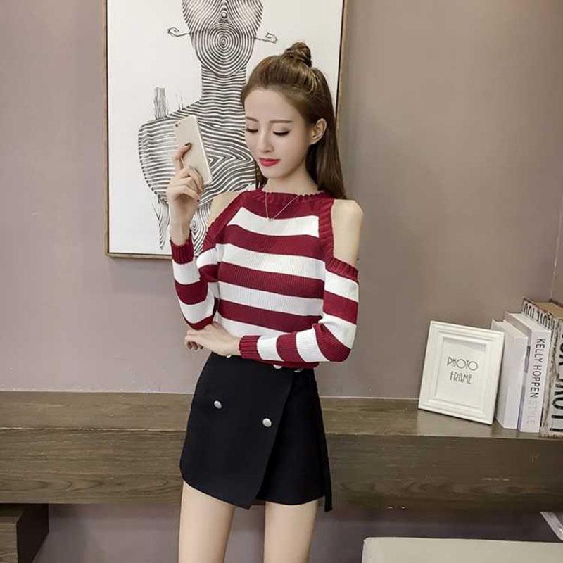 Pofulove Women's Striped Knitted Sweater Long Sleeve Turtleneck Pullover Sexy Off Shoulder Sweater