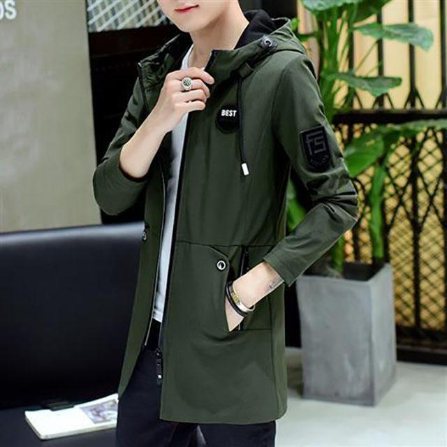 Spring & Fall Hooded Jacket Long Coat Solid Color Trend Parka Casual Slim Windbreaker for Youth Men
