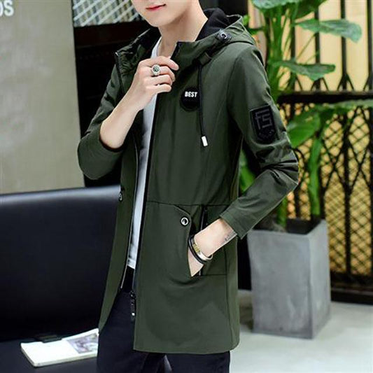 Spring & Fall Hooded Jacket Long Coat Solid Color Trend Parka Casual Slim Windbreaker for Youth Men