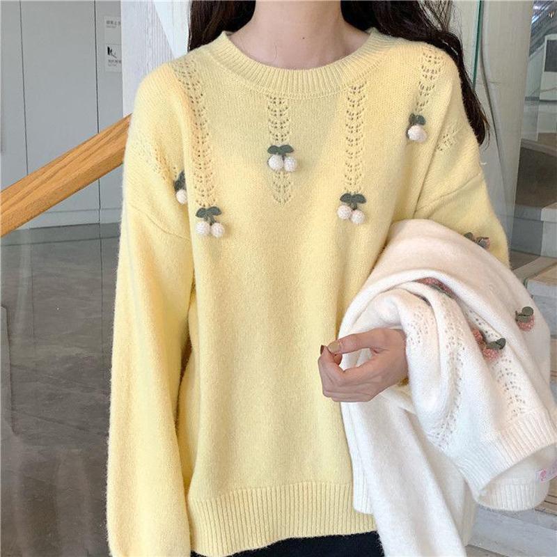 Autumn  Winter Korean Version Sweet Three-dimensional Cherry Pullover Long-sleeved Sweater Sweater Women Loose Outer Wear