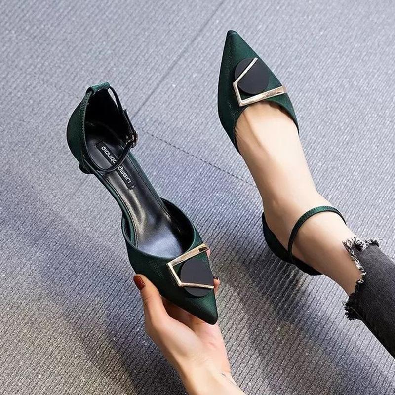 3cm Low Heel Single Shoes Women Stiletto Heel Shoes Temperament Green High Heels Women Pointed Hollow Shoes Women
