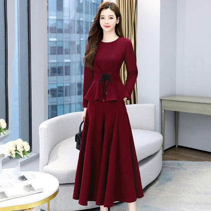 Suit Women's Spring and Autumn Dress Ladies Temperament Two-piece Set of Nine-point Wide-leg Pants + Round Neck Long-sleeved Top