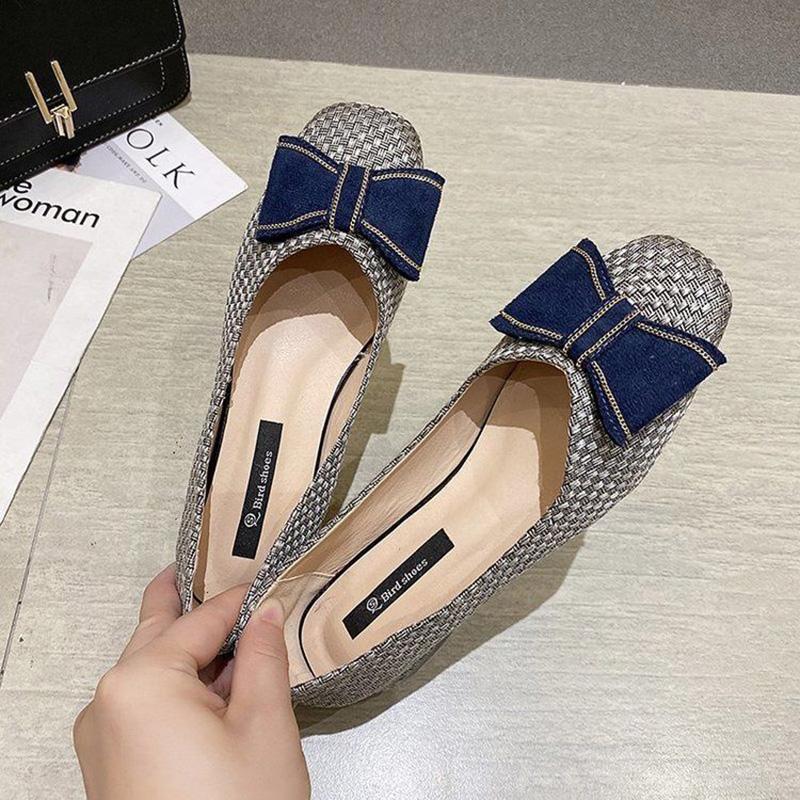 Bowknot Soft Sole Thick Heel Shoes Women Spring Korean Style Square Toe Woven Low-heeled Women's Shoes
