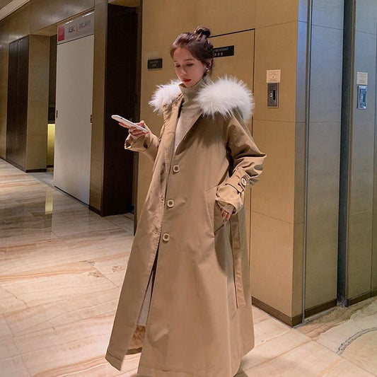 Red Cotton-padded Jacket Women's Winter Loose Waist Cotton-padded Jacket Long Over The Knee Overcoming Coat