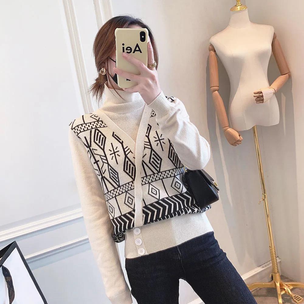 Retro Fake Two-piece Thickened Turtleneck Bottoming Shirt Women's Vest Stitching Knitted Sweater Fashion Slim Short Sweater