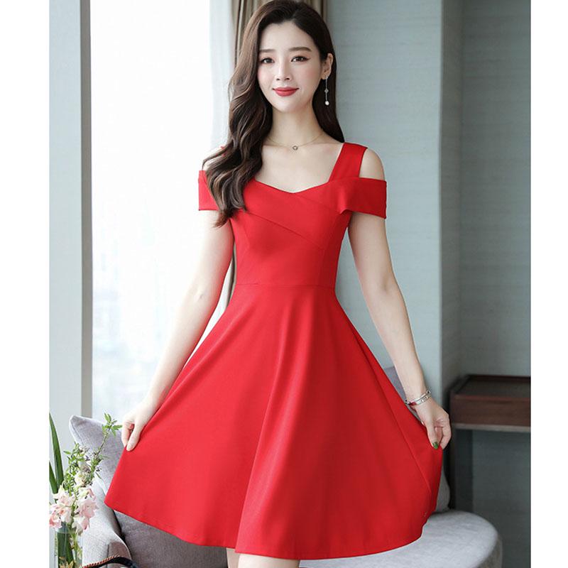 Fashion  Women's Dress Mid-length Plus Size Off-the-shoulder Dress Women's Slim A-line Pleated Dress  Summer