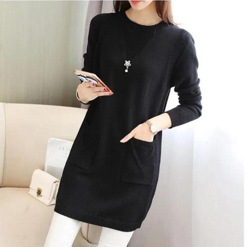 Women's Mid-length Knit Sweater  dress Winter Loose Round Neck Pullover Sweater Thick Knitwear Skirt with Pockets
