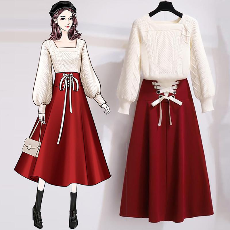 Autumn and Winter Waist Slimming Sweater Set Square Neck Long-sleeved Sweater + French Skirt Two-piece Women's Temperament Suit
