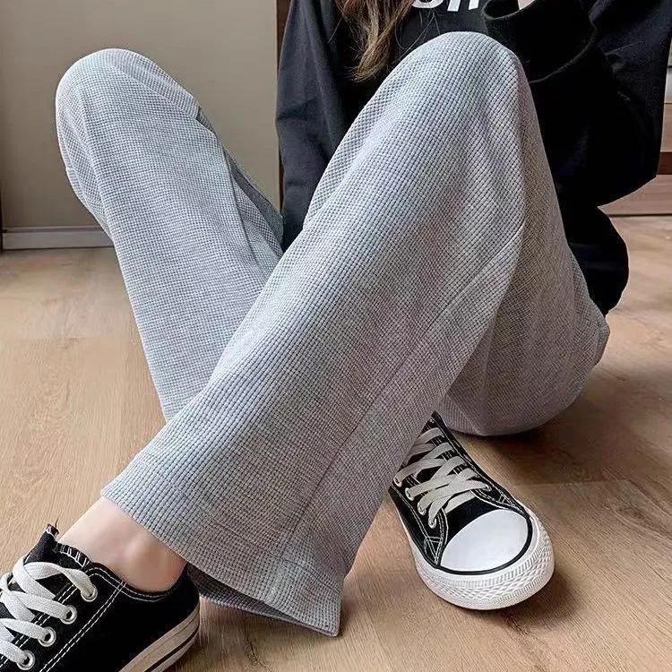 Waffle Spring and Summer Gray Black Wide Leg Pants Women's High Waist Straight Loose Thin Casual Sports Pants