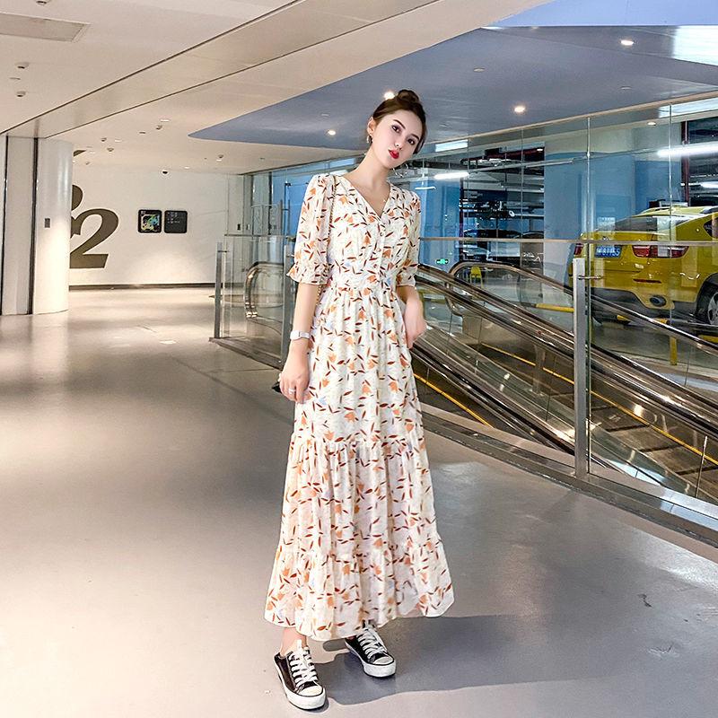 Chiffon Floral Fairy Dress French Style V-neck Temperament High Waist Thin Ruffle Dress Sweet and Lovely Temperament Elegant Chiffon Dress