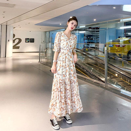 Chiffon Floral Fairy Dress French Style V-neck Temperament High Waist Thin Ruffle Dress Sweet and Lovely Temperament Elegant Chiffon Dress