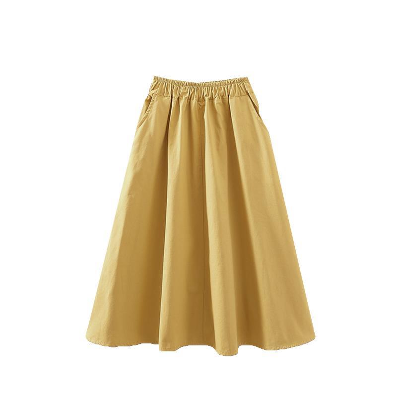 Women Maxi White Cotton Skirt Girl Casual Midi Elastic High Waist Plus Size Flare A Line Pure Color Pocket Summer Skirts Female