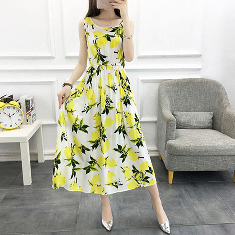 Fashion Boho Summer Cotton Floral Dress Female Vacationer Beach Large Size Printed Sleeveless Dress