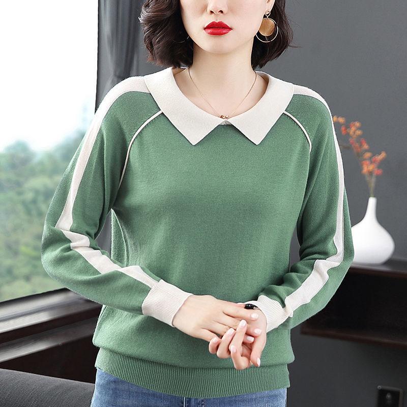 Spring and Autumn Pullover Loose Sweater Simple Long-sleeved Large Size Bottoming Shirt Casual Middle-aged Women Sweater