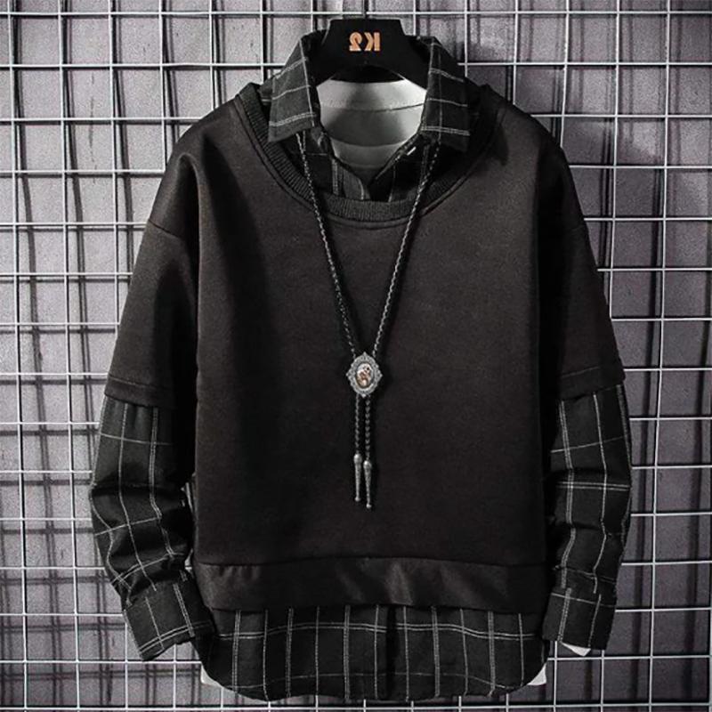 Men's Plaid Sweater Stitching Men's Long-sleeved Sweater Korean Version of The Trend of Loose Autumn Sweatshirts Men