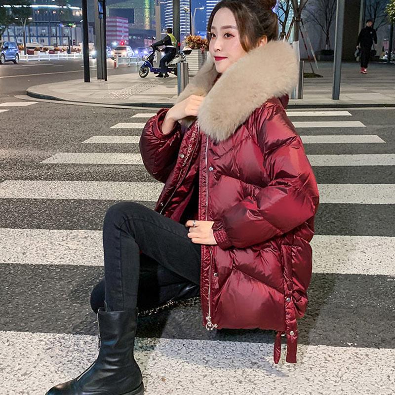 Winter Fashion Trend Women's Small Mid-length Big Fur Collar White Duck Down Padded Jacket