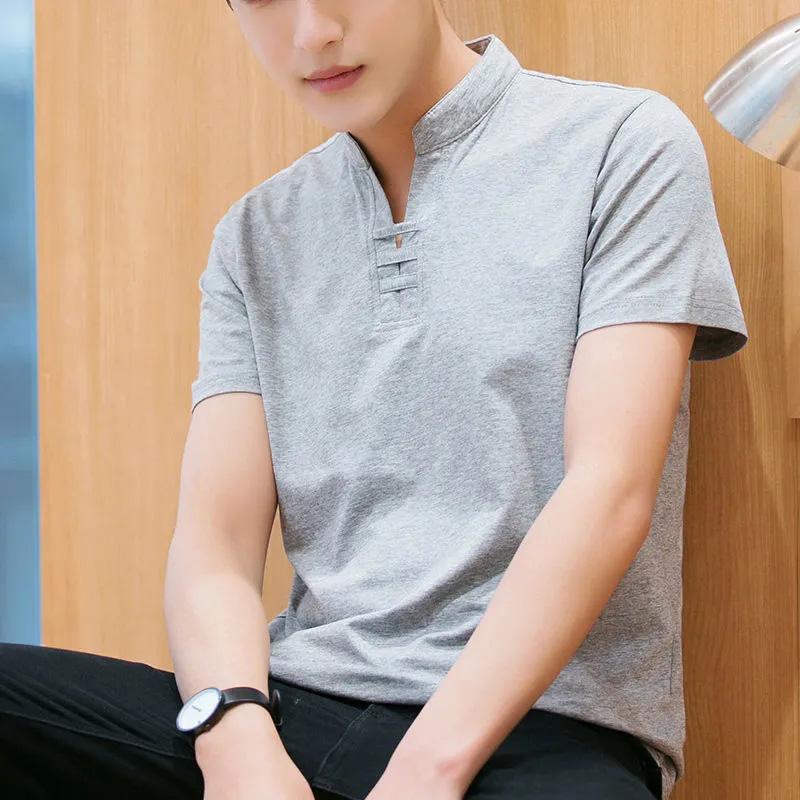 Summer Men's Cotton Short Sleeve T-Shirt Summer Body Slim Shirt Top Short Sleeve Solid Color Versatile Summer Top