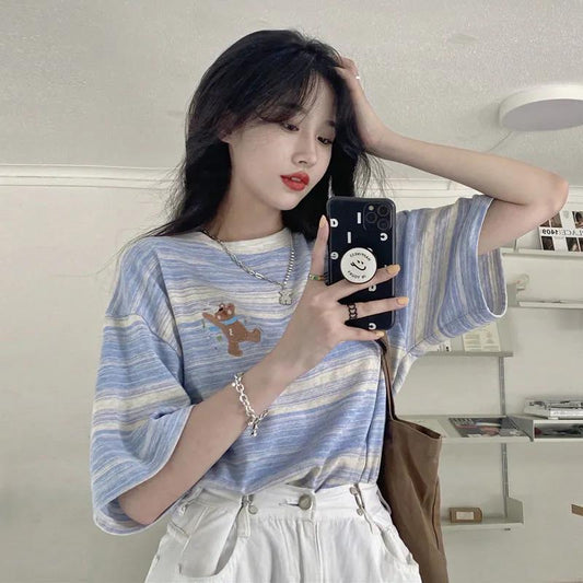 Striped Short Sleeve T-Shirt Women's Summer Round Neck Loose Top