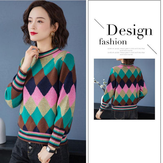Color Block Sweater for Women Loose Casual Sweater Women Autumn Fashion All-match O-neck Pullover Sweater Diamond Plaid Knitted Sweater Outer Wear