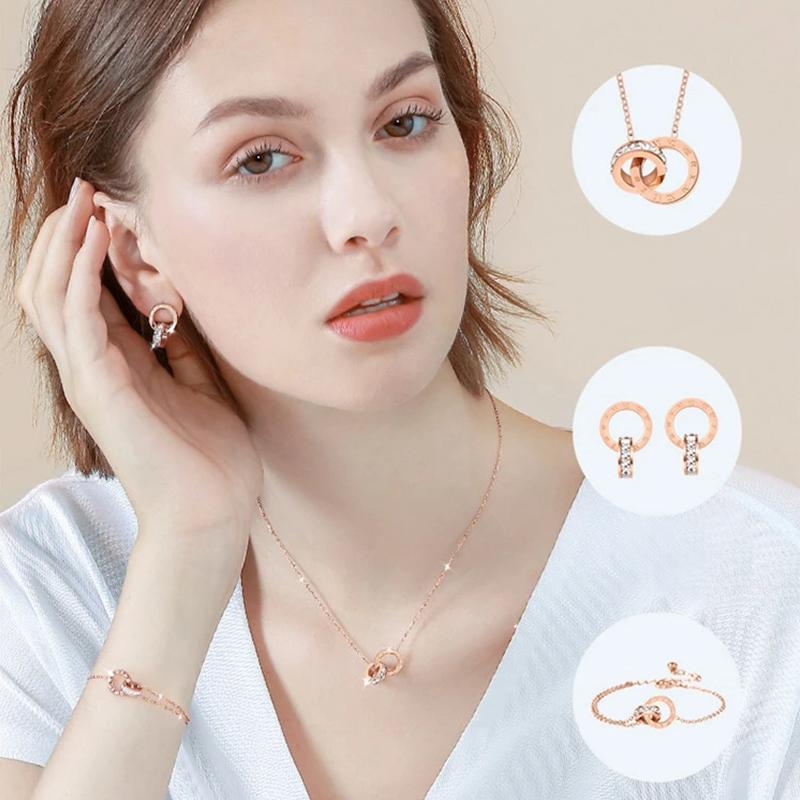 Double Ring Crystal Necklace Bracelet Earring Set Hypoallergenic Jewelry Valentine's Day Gift for Girlfriend Luxury Jewelry Set with Diamonds