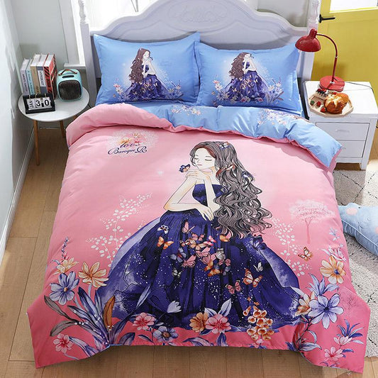 Cartoon Children's Big Version of The Flower Skin Four-piece Set Thick Grinding Princess Windbedding
