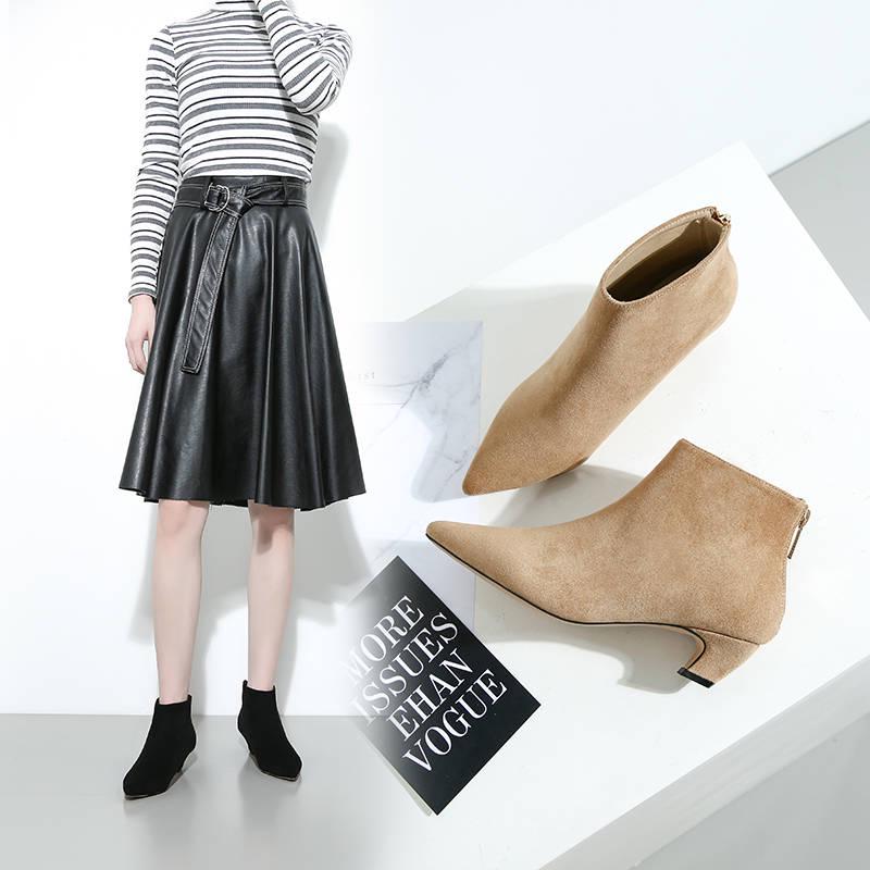 Sexy Pointed Toe Slip on Concise Ankle Boots Square Heel Quality Stretch Autumn Winter Women Shoes