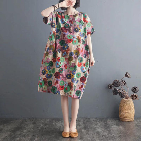 Flower Print Dress Women's Short-sleeved Round Neck Mid-length Floral Dress
