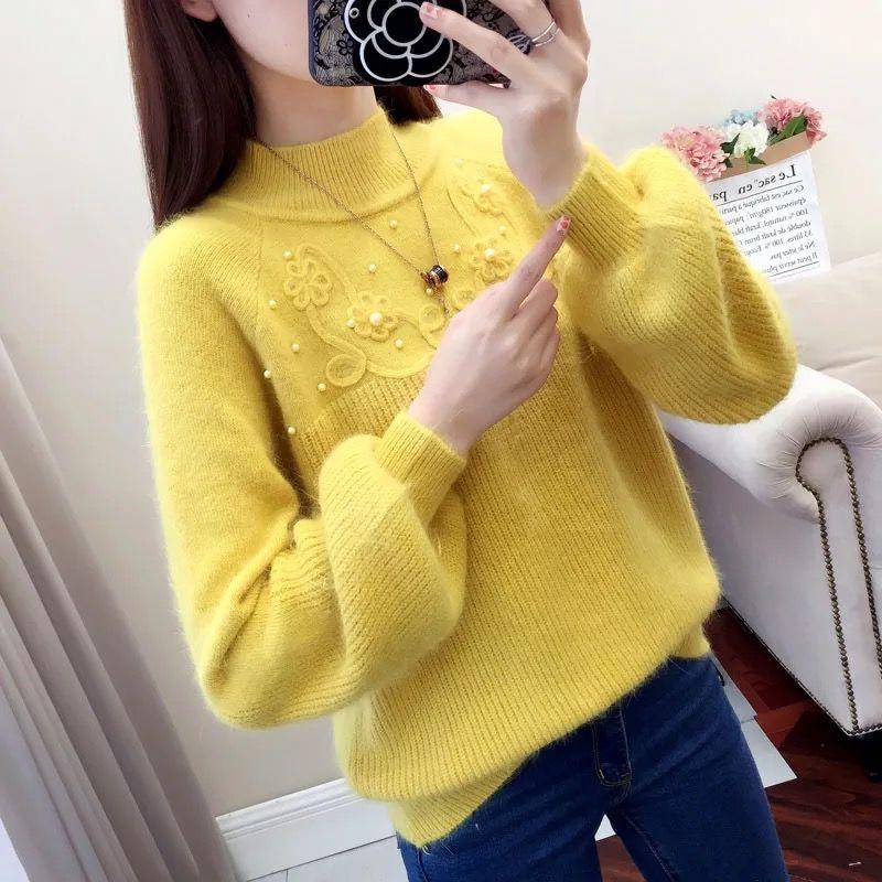 Women Half Turtleneck Short Pearl Pullover Sweater Office Loose Thin Soft Bottoming Shirt