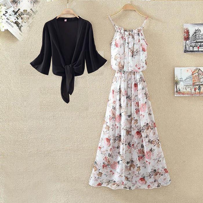 S-2XL Women Chiffon Floral Camisole Dress Elasticated Slim Bohemian A-line Beach Long Skirt