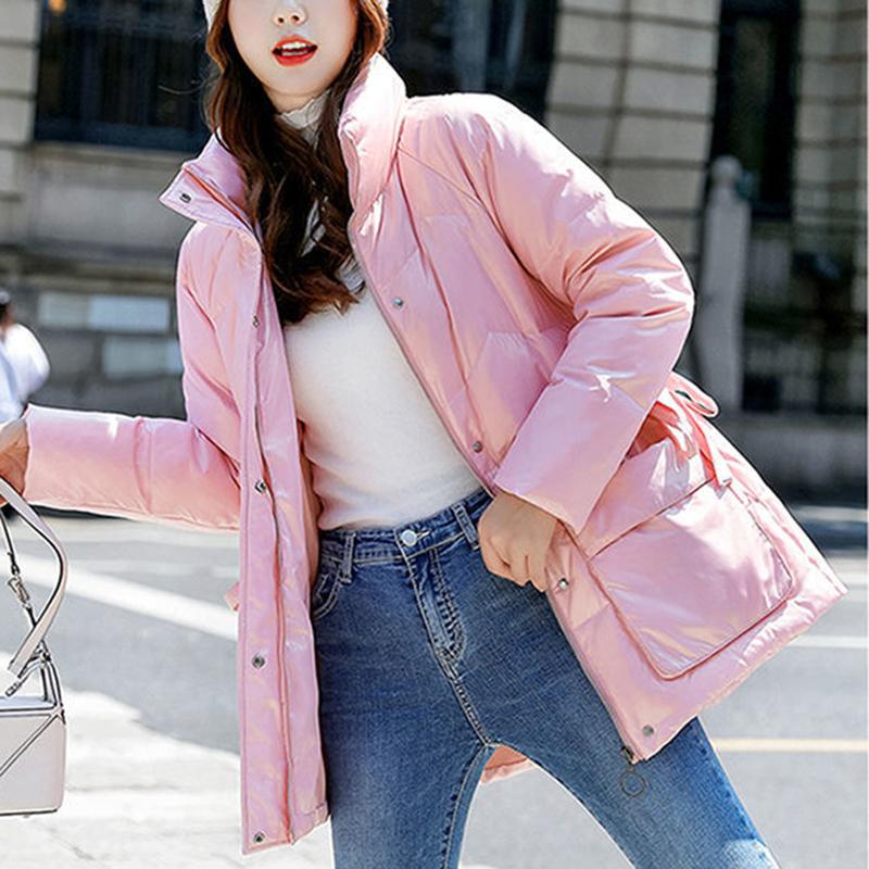 Women's Bright Print Short Down Jacket Winter Korean Loose Quilted Jacket Casual Stand-up Collar Hooded Down Jacket Quilted Jacket