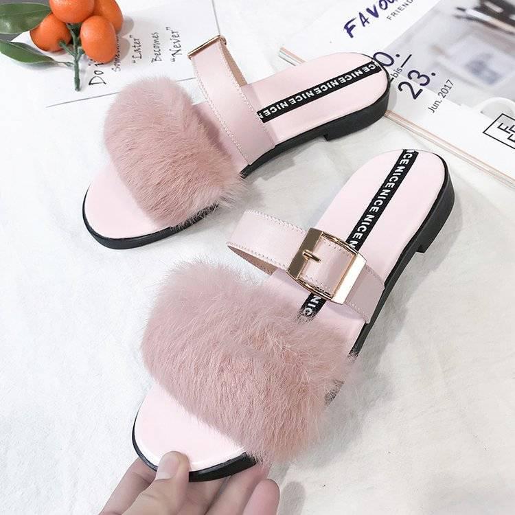 Furry sandals and slippers outside slippers four seasons popular summer women's shoes flat bottom